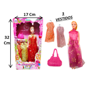 BONECA BEAUTIFUL C/3 VESTIDOS 32X17CM - MS-2062
